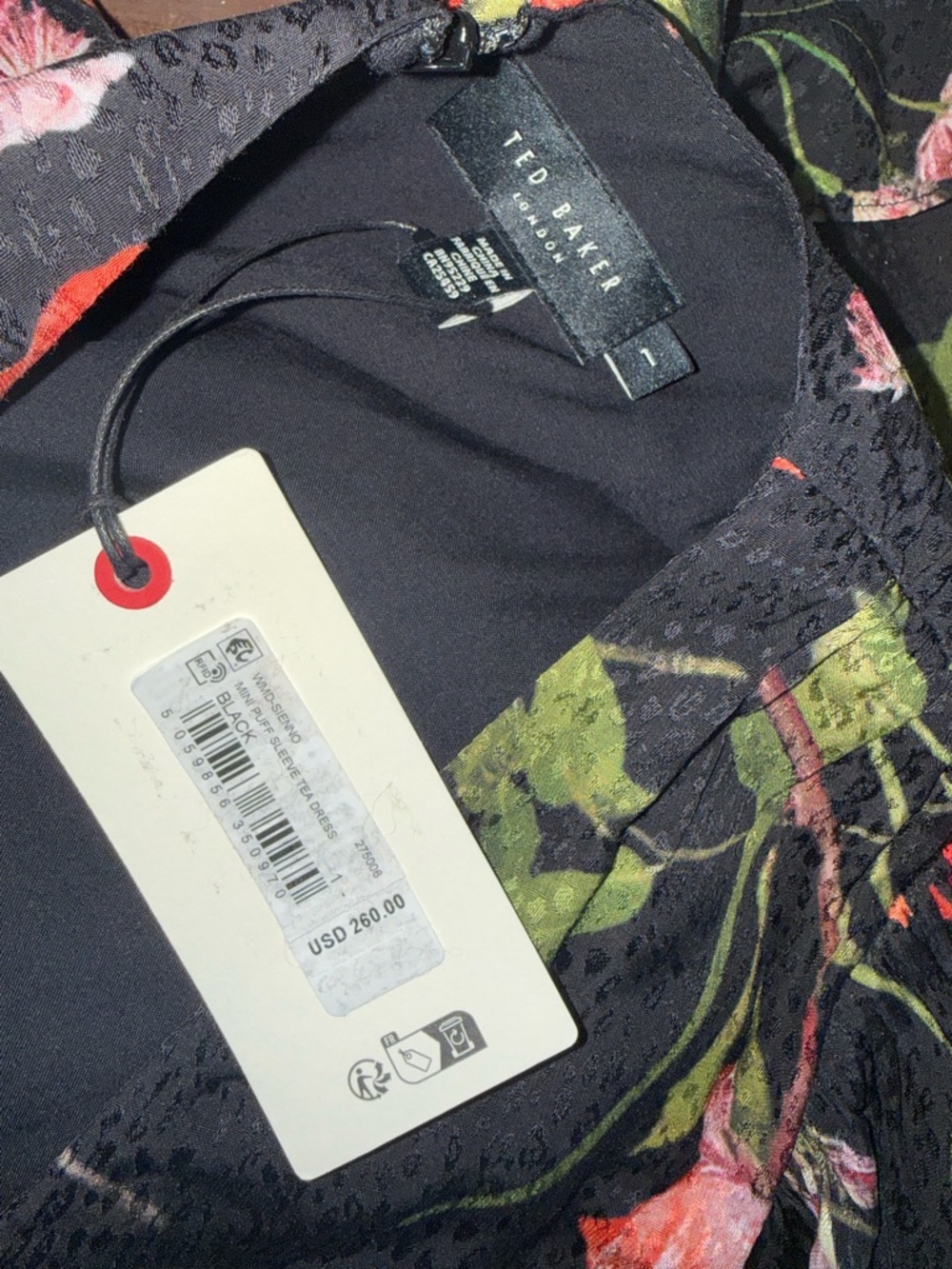 Ted Baker Black Floral Midi Dress with Pink & Red Blooms - Picture 4 of 4